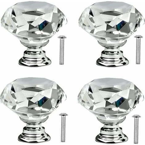 4 Pcs Poignée Bouton de Porte Placard Meuble Tiroir Diamant de Verre Cristal Boutons de tiroir en cristal avec vis pour commode de cuisinepoignées de porte en verre de cuisine 30mm (1/4)