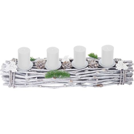 [NEUWERTIG] Adventsgesteck länglich, Weihnachtsdeko Adventskranz, Holz 60x16x9cm weiß-grau mit Kerzen, weiß
