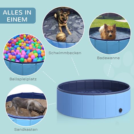 Baignoire pliable PawHut pour chien et chat, piscine à pattes en plastique et bois, bleue, Ø 100 x H 30 cm (1/4)