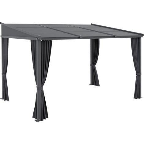 Pergola  3,65 x 2,55 m avec toit coulissant et rideaux, abri de terrasse pour jardin et cour, aluminium et métal, gris foncé