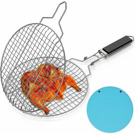 Panier à griller rond portable en acier inoxydable avec poignée amovible et verrouillable, accessoires de grillade en extérieur, légumes, poissons, crevettes (1/5)