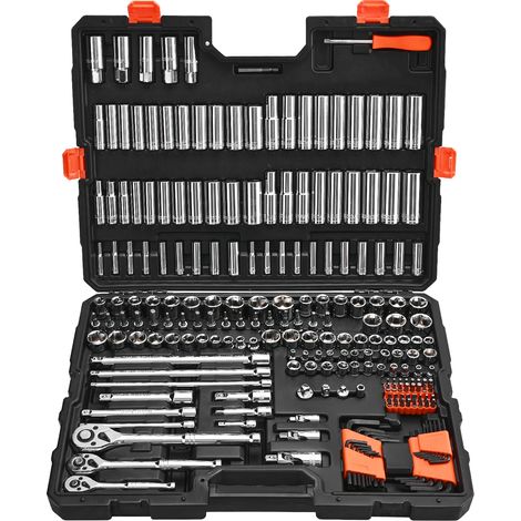 VEVOR Jeu de Douilles SAE et Metriques Profondes et Peu Profondes, Kit deOutils de Mecanicien 225PCs, avec Cle a Cliquet a Entrainement de 9,53/6,35/12,7 mm, Accessoires et Etui, pour Reparation (1/5)