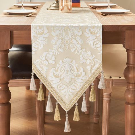 Chemin de table avec pompons 33x228cm Beige-Blanc pour table à manger & fête