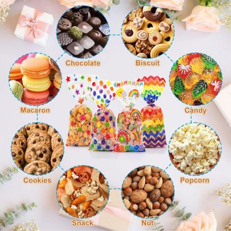 100 sachets de bonbons avec motif arc-en-ciel, fermeture à cordon, sachets cadeaux pour enfants, dimensions : 12,5 x 27 cm. (1/4)