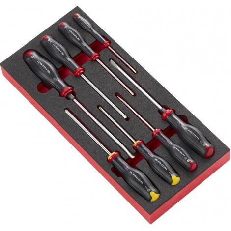 Facom – Jeu de tournevis fendu 8 pièces – Empreinte de tête pour vis à bois – Pour espaces confinés – Vissage rapide en série