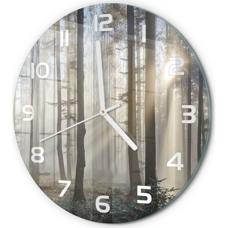 Horloge Murale Ronde Décoration Murale Verre Trempé Design Artistique Brouillard dans la forêt fi 30 cm (1/5)