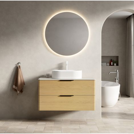 Mueble de lavabo suspendido 90x46x62,2 cm de madera beige con almacenaje FloraGrace (1/5)
