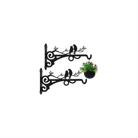 Pack of 2 Black Sturdy Hanging Basket Brackets for Plants, Heavy Duty Solid Metal Hangers Outdoor Indoor Decor, Wall Mounted Hooks for Garden Flowers/ Chimes/Lantern/Light/Bird Feeder (1/5)