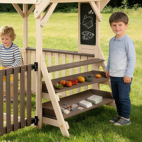 Cocina exterior infantil de madera con techo resistente a la lluvia, almacenamiento multifunción, gris y beige (1/5)