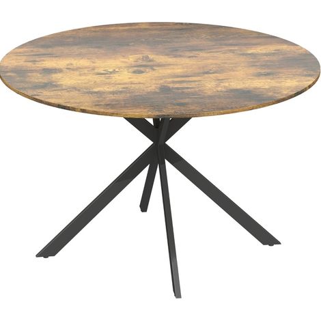 Table à manger ronde industrielle pour 4 personnes avec plateau en bois et pieds en acier noir (1/5)