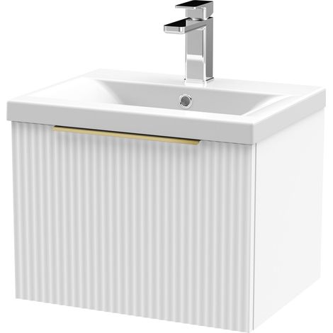 Fluted Front Wall Hung Single Drawer Bathroom Vanity Unit with 1 Tap Hole Basin, 500mm, Satin White, Brushed Brass Handles (1/5)