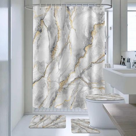 Lot de 4 rideaux de douche en marbre gris abstrait avec tapis antidérapants, housse moderne pour abattant de toilette et tapis de bain, rideau de bain pour décoration de salle de bain (crochets (1/5)