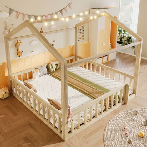 Lit plat, 90x190cm2/180x190cm, lit enfant avec barrière de sécurité, perles LED, barreaux décoratifs, pin, Naturel, sans matelas