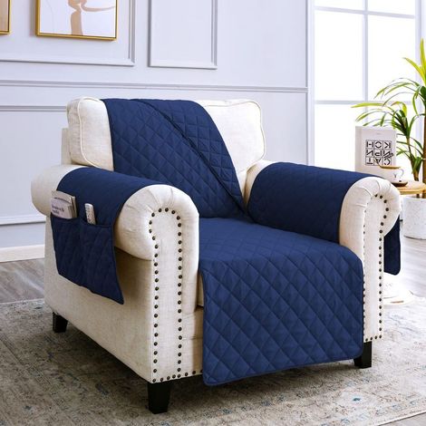 Housses De Canapé 1 Place Impermeable Avec Accoudoirs, Réversible Protégé Canapes -Bleu (1/5)