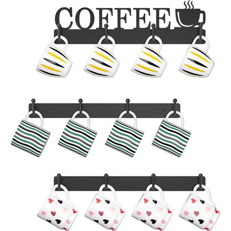 Lot de 3 porte-tasses à café en métal avec 12 crochets, s'adapte à la plupart des tasses pour la maison, la cuisine, gain de place, noir (1/5)