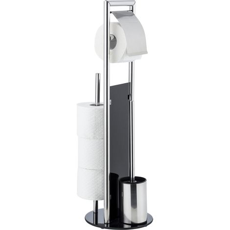 Wenko – Combiné WC 3en1 avec brosse et dérouleur papier – Acier inoxydable brillant et verre trempé noir – Range jusqu'à 3 rouleaux – 20x70 cm (1/5)