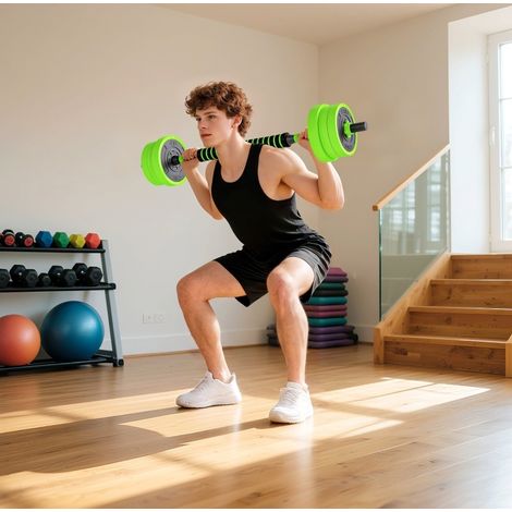 Haltères réglables 4 en 1 20 kg, barre longue, kettlebell et poignées de pompes, vert DESVIAE (1/5)