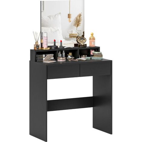 Coiffeuse avec miroir, 2 tiroirs et 3 compartiments, pour chambre à coucher, 75 x 38 x 135 cm, noir