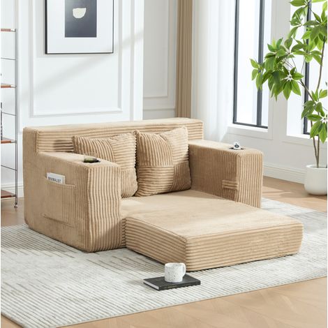 Canapé pouf en tissu kaki 151 x 133 x 64 cm, avec 2 coussins, accoudoirs et poches latérales de rangement, pour un espace détente confortable – de FLORAGRACE (1/5)