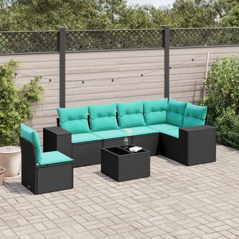 7-teiliges Gartensofa-Set mit Kissen, schwarzes Polyrattan (1/5)
