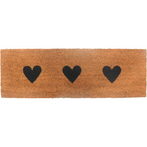 Relaxdays felpudo de coco, corazones, 75 x 25 cm, estrecho, interior y exterior, antideslizante, natural/negro