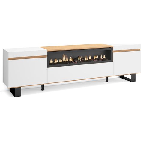 Skraut Home – Meuble TV avec rangement – Dimensions 200x35x57cm – Pour TV jusqu'à 80" – Cheminée électrique – Design industriel blanc et chêne (1/5)