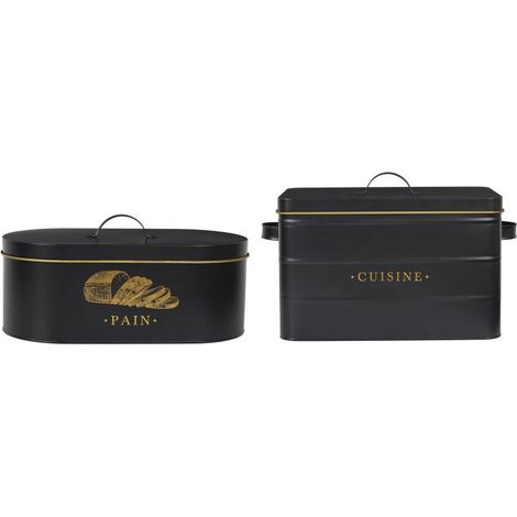 Lot de 2 Boîtes en Métal - Boîtes à Pain + Boîte générique Cuisine - Noir et Doré - Boîtes de Conservation - Livraison gratuite (1/5)