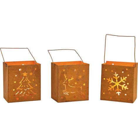 Metall Windlicht Weihnachten 3er Set - 10 x 9 cm - Deko Tisch Laterne Kerzen Teelicht Halter - 3 Motive Tannenbaum Rentier Schneeflocke