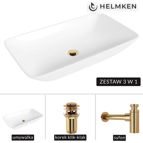 Lavabo de encimera Helmken 88670000 (70x40) Blanco + Sifón dorado + Tapón de clic dorado (1/5)