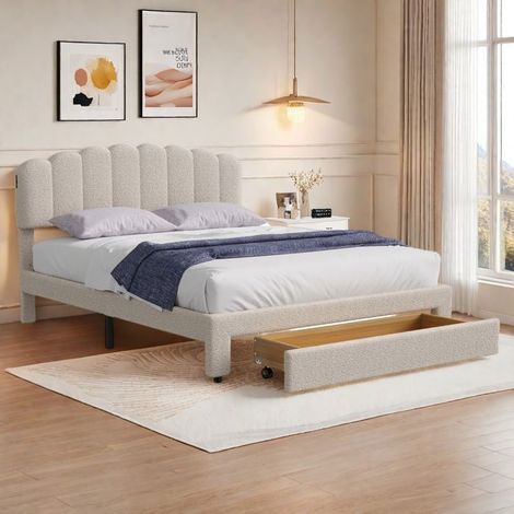 Doppelbett 160x200 cm - 1 Schublade - beige Stoff - Bettgestell 160x200 cm - gepolstertes Bett - Doppelbett mit Lattenrost
