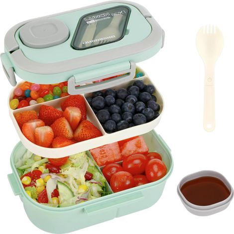 Bento Lunch Box, Lunch Box Enfant Adulte Bote 1200ml avec 3 Compartiments, Anti-Fuite Lunchbox, sans BPA, (vert) (1/5)