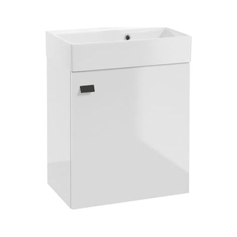 Wandhängender Badezimmerschrank mit Waschbecken 60x50cm. Weiß glänzend, schwarzer Griff Elara.