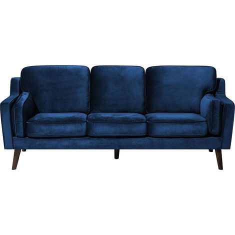 Canapé Fixe 3 Places Revêtement en Velours Haut de Gamme Bleu Foncé et Rembourrage Épais pour Salon au Design Rétro Beliani (1/5)