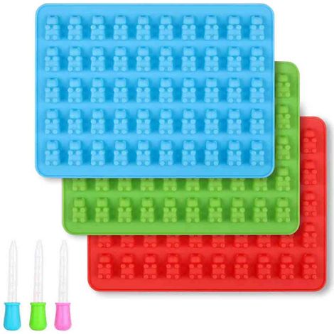 3 Moules à bonbons, Silicone alimentaire, Avec pipettes, Forme ourson, Pour gélatine chocolat (1/5)