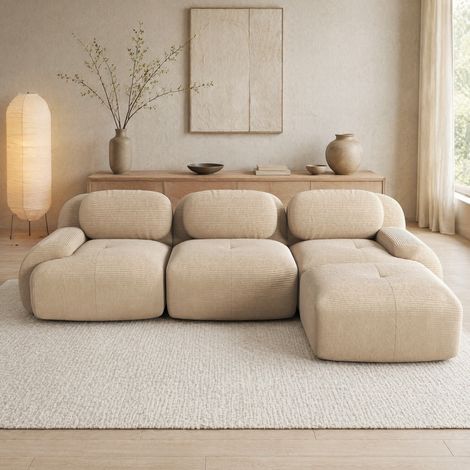 Sofá rinconero modular beige en tejido efecto cordón, sin montaje, 3 plazas (1/5)
