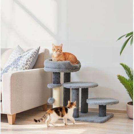Albero tiragraffi per gatti 2 in 1 con scala, base ampia, tessuto peluche e colonna in sisal, grigio (1/5)