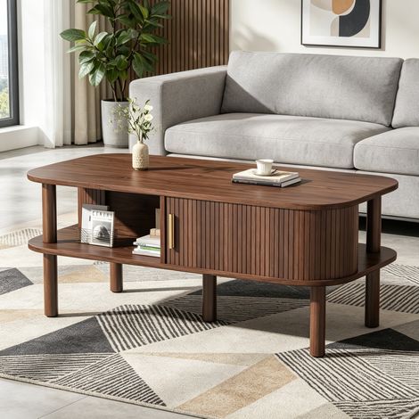 Couchtisch aus MDF 110 x 55 x 45 cm Walnussfarben mit Schiebetuer und Stauraum (1/5)
