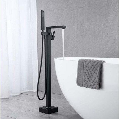 Badewannenarmatur mit Wasserfall-Handbrause, freistehende Bodenarmatur, Insel-Badewannenarmatur mit Griff, Schwarz (Unterflurinstallation) (1/4)
