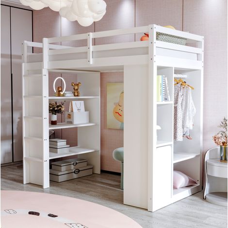 Cama alta 90x200 cm de madera blanca con escalera recta, estantes y carro extraíble (1/5)
