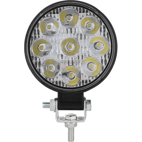 Mini lampe de travail ronde 27W 9LED/lampe auxiliaire, adaptée aux voitures, motos, camions, chariots élévateurs et navires, noire. (1/5)