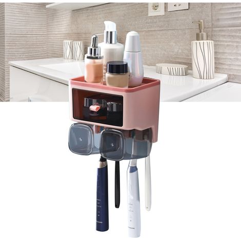 Porte-brosses à dents et porte-gobelets pour bain de bouche, sans trous, fixation murale, rose, 2 gobelets (1/5)