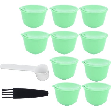 Set de Capsules de Café en Acier Inoxydable avec Filtre pour Machine DOLCE GUSTO (Vert, 10 Capsules, 1 Cuillère, 1 Brosse)