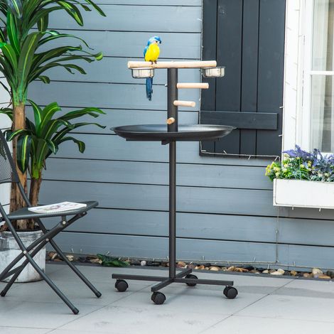 Perchoir pour perroquet et mangeoire à oiseaux sur support à 4 roues, 2 mangeoires en acier inoxydable, Ø 60 x 111 cm, gris (1/5)