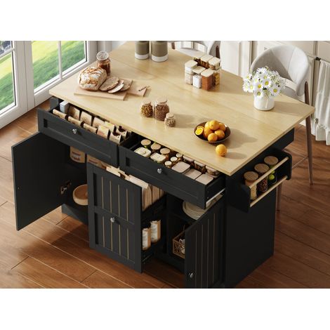 Modernluxe - Îlot central de cuisine avec table rabattable, 2 portes et 3 tiroirs, roulettes verrouillables - noir (1/5)