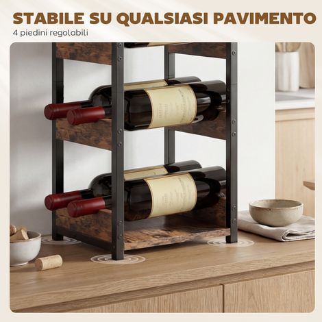 Étagère à bouteilles métallique noire, tablettes ondulées réglables, pieds ajustables, finition vieilli brun. (1/5)