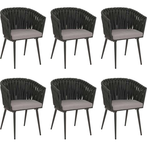 [NON UTILIZZATO] Set 6 sedie soggiorno in alluminio HHG-418, sedie salotto con braccioli, intreccio corda, antracite cuscino grigio