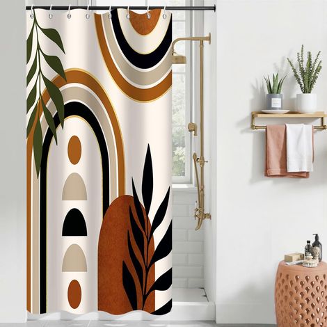 Rideau de Douche, 120x200cm, Terracotta Blanc Art Moderne Abstrait du Milieu du Siècle Boho Géométrique Imperméable Rideau de Salle de Bain Lavable en Machine avec Crochets (1/5)