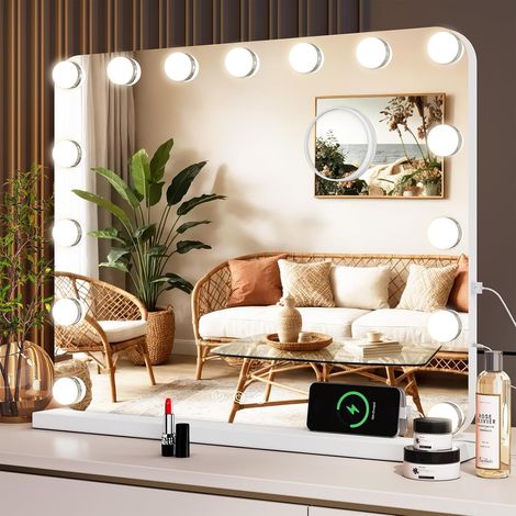 50x40cm Hollywood Vanity Mirror with Lights, 15 Dimmable Led Bulbs, 3 Colors Lighting Modes, Lighted Makeup Mirror with 10x Magnification, USB Charging Port, Touch Control, Wall and Table Mirror (1/5)