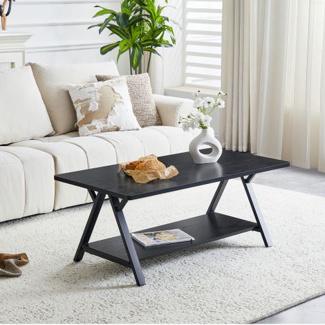 Table basse salon noir effet bois, avec étagère de rangement et structure métal style industriel, 110x57x44,5 cm (1/5)