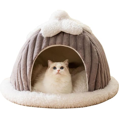Cama cueva para gatos, linda casa de dibujos animados, tienda de campaña con cojín extraíble y lavable, cálida para perros y gatos de interior (S, gris)
